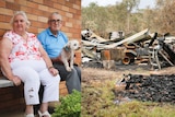 An elderly couple sitting with their dog in one photo and then a burnt house next to them 