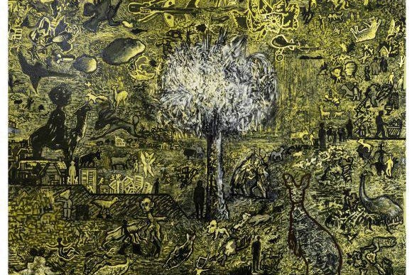A green and black painting with a collage of images including a scar tree, a kangaroo and people