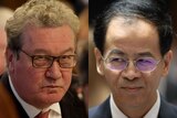 A composite image of Alexander Downer and China's ambassador to Australia Jingye Cheng. Both men look stern.
