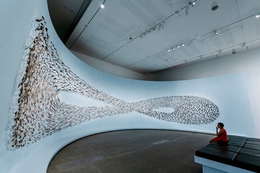 A woman sits looking at a sculpture arranged in the shape of an infinity symbol. The sculpture features feathered tools.