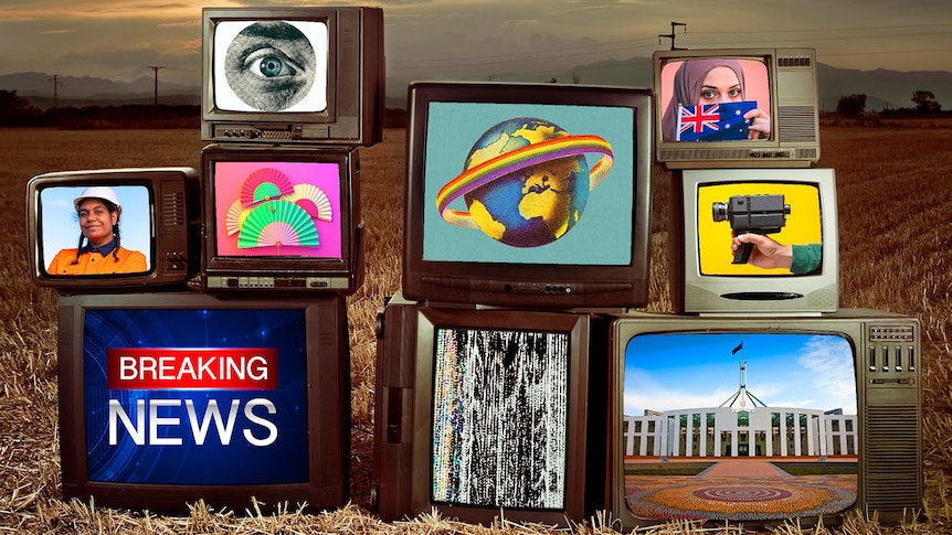 An abstract image of a pile of televisions showing different images in a field. 