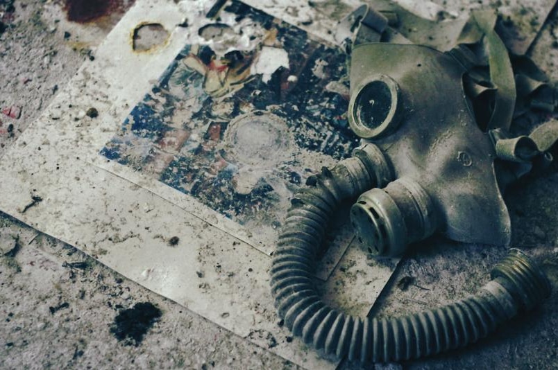 A gas mask lies on the floor of a Pripyat school.