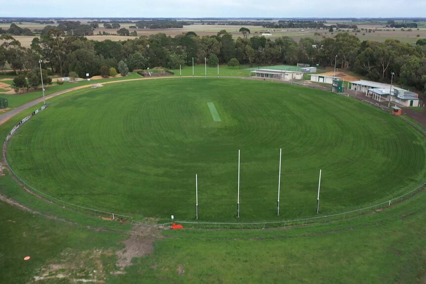 Drone image from above of the Rokewood Hoppers football oval.