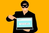 A cartoon of a man in a balaclava holding a laptop that says 'YOUR PASSWORD'.