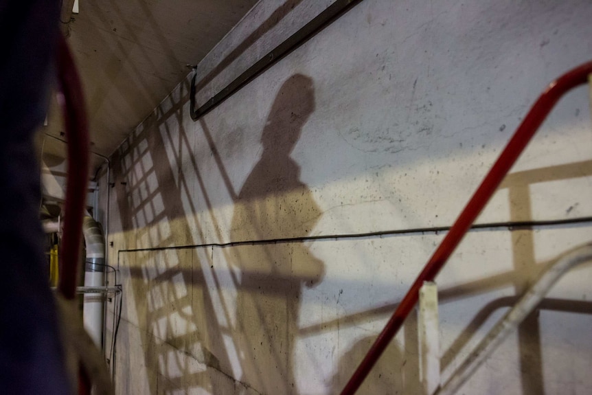 A worker's shadow falls on the wall of the power plant