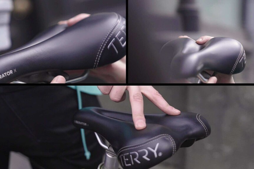 Three photos of a bike seat, they show that it is at an even level and that you should rest your weight on the back of the seat.