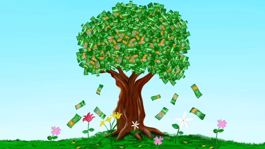 Illustration of a tree with money for leaves and lush flowers on the ground below where the money falls.