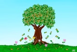 Illustration of a tree with money for leaves and lush flowers on the ground below where the money falls.
