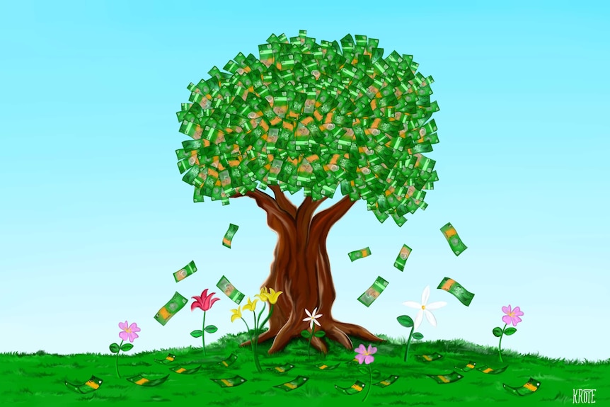 Illustration of a tree with money for leaves and lush flowers on the ground below where the money falls.