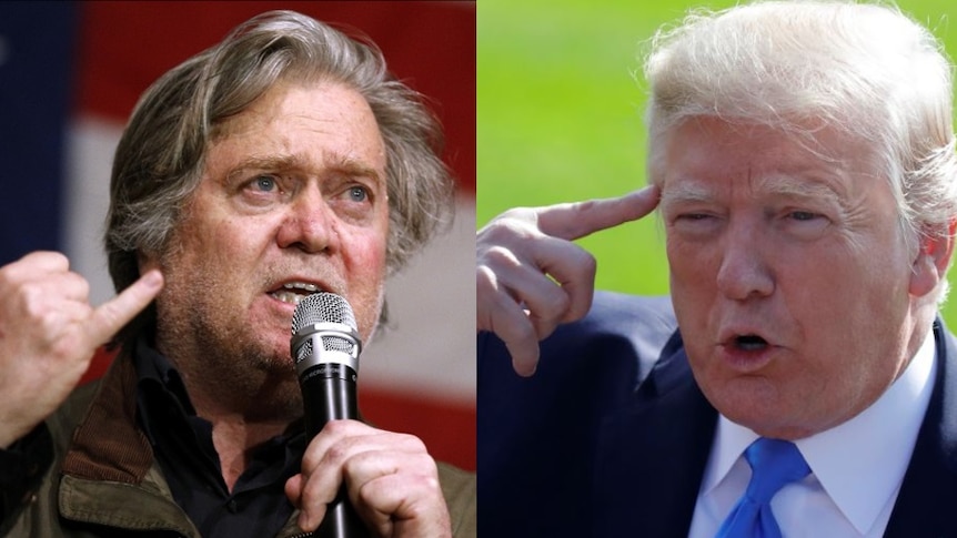 A composite image showing Steve Bannon and Donald Trump looking angry.