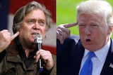 A composite image showing Steve Bannon and Donald Trump looking angry.