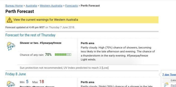 A forecast with #5yearpayfreeze interspersed