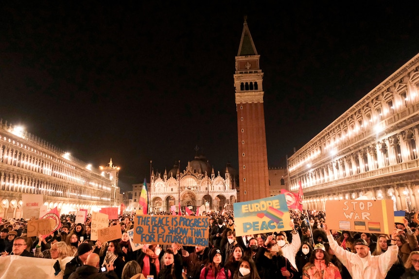 People demonstrate at St. Mark's square against Russia's invasion of Ukraine