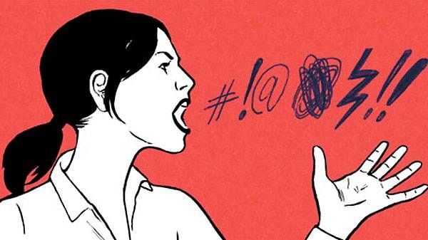 An illustration shows a woman cursing
