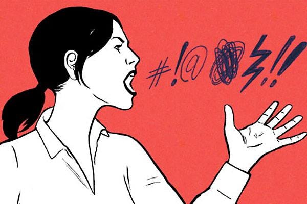 An illustration shows a woman cursing