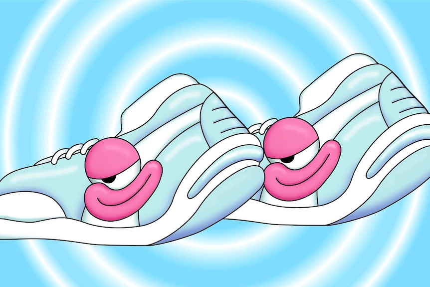 Illustration of a pair of running shoes with smug expressions to depict how effective a walk is to combat afternoon sleepiness.