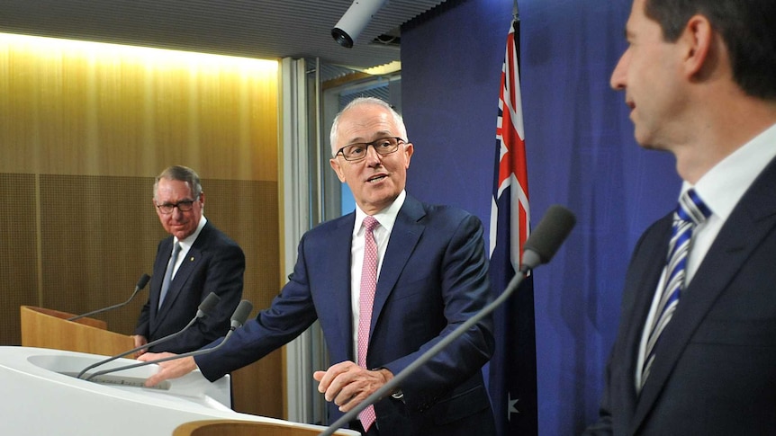 David Gonski, Malcolm Turnbull and Simon Birmingham speak to the media.