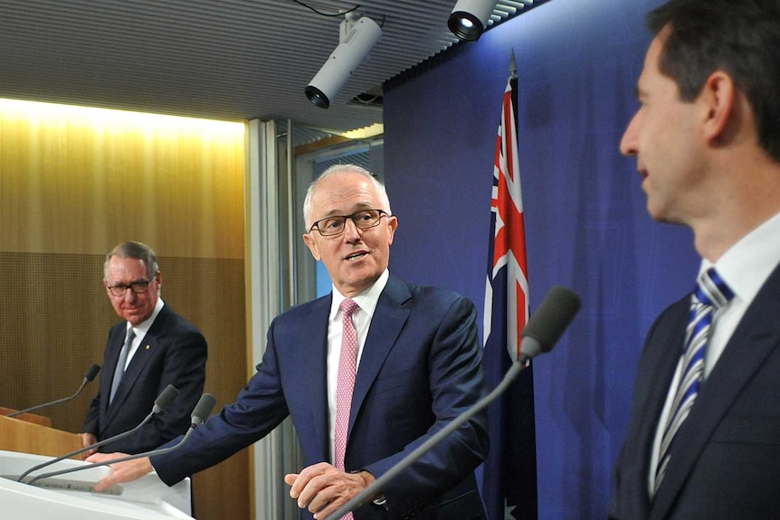 David Gonski, Malcolm Turnbull and Simon Birmingham speak to the media.