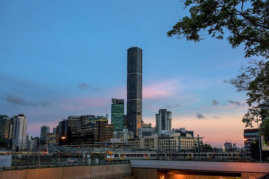 The Brisbane City skyline at sunset taken from Petrie Terrace in 2017