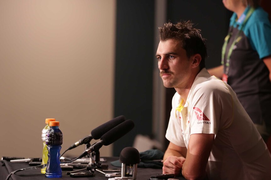 Australia's Pat Cummins speaks at a media conference after Day one of the first Ashes Test.