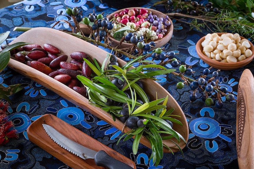 Bush foods laid out on a table.