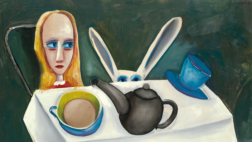 Painting depicting a blonde girl at a tea table with a rabbit