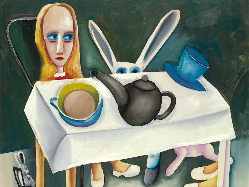 Painting depicting a blonde girl at a tea table with a rabbit