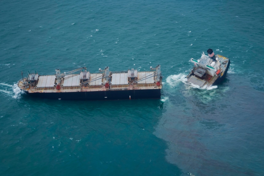 An overhead photo of a vessel that has broken apart and leaked oil off Hachinohe, northeastern Japan.