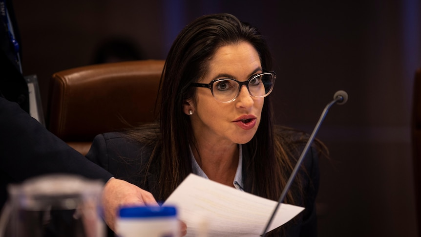 A woman with long dark hair and glasses sitting at a conference table.