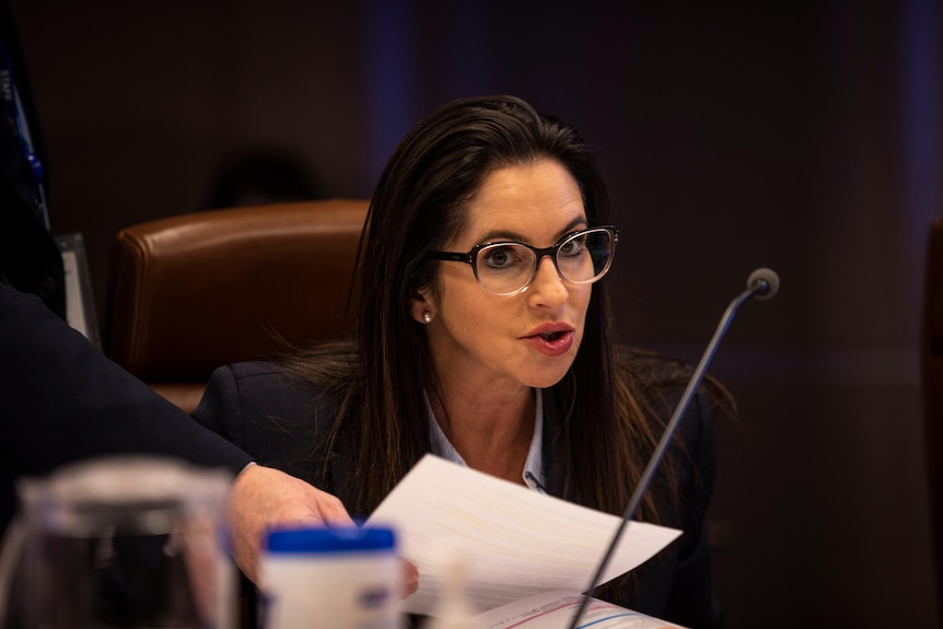 A woman with long dark hair and glasses sitting at a conference table.
