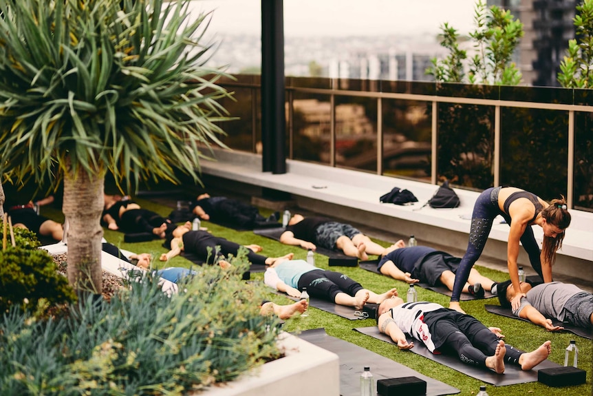 Rooftop yoga is held on the rooftop of a Lucent development at Newstead in Brisbane.