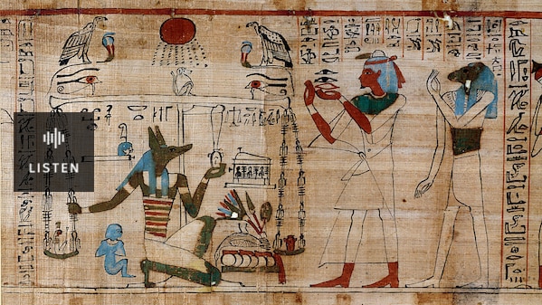 Papyrus painting of Anubis weighing a heart on scales . Has Audio.