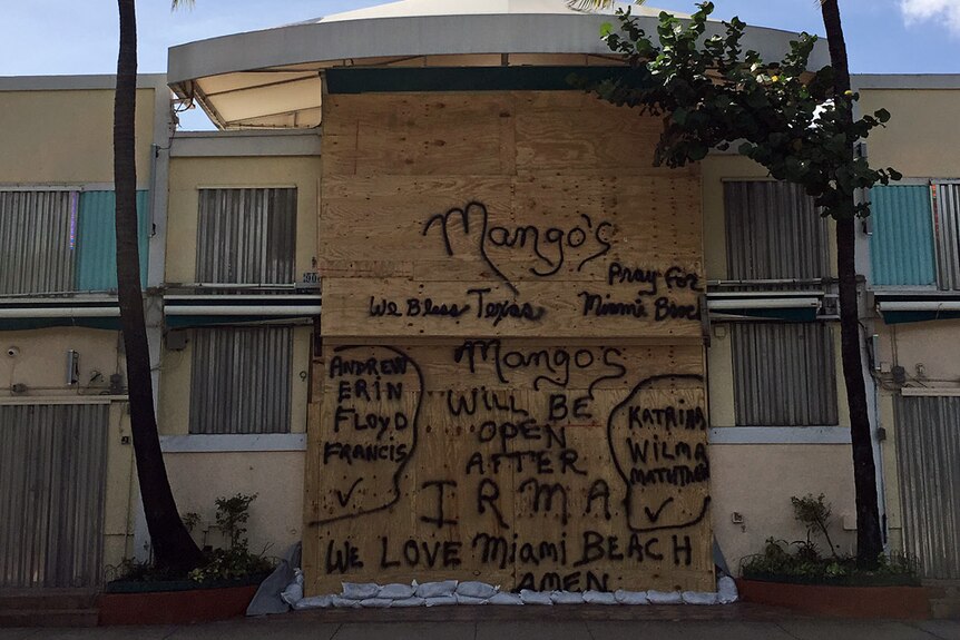 A business in Miami is boarded up with messages saying "Mango's will be open after Irma" spray painted in black.