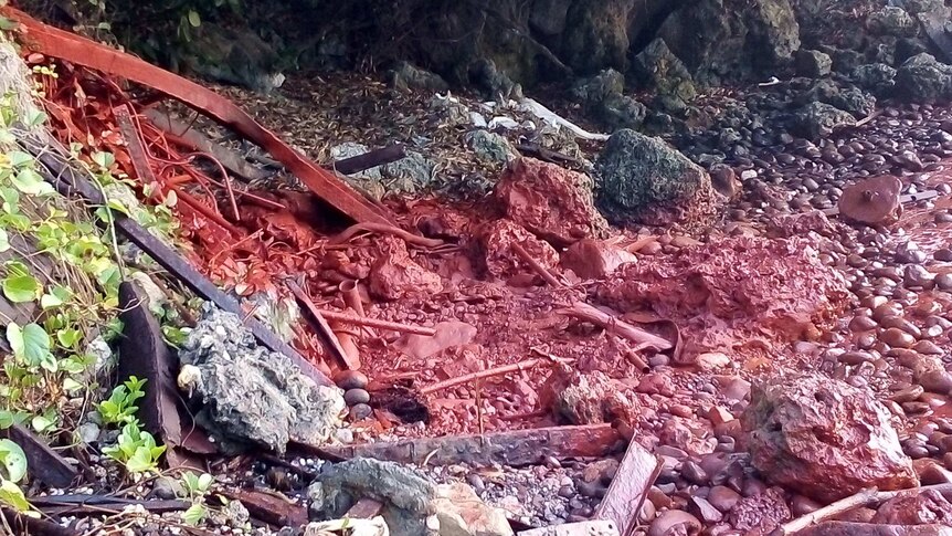 Red slurry from the mining spill turns part of the rocky shoreline at Basamuk Bay red.