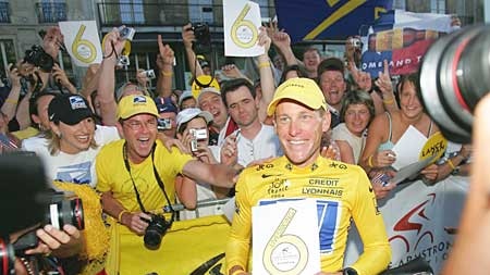 Lance Armstrong celebrates six in a row.