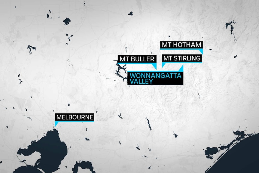 A map marking the Wonnangatta Valley, between Mt Hotham and Mt Buller, a little to the north.