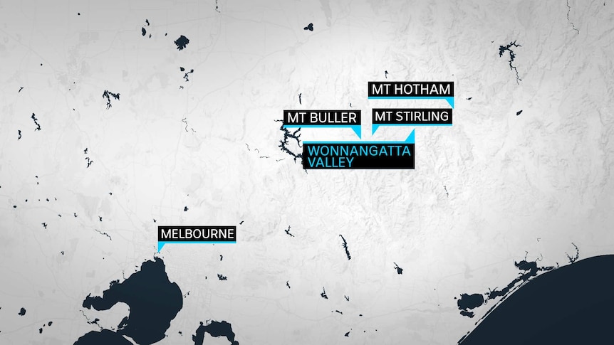 A map marking the Wonnangatta Valley, between Mt Hotham and Mt Buller, a little to the north.