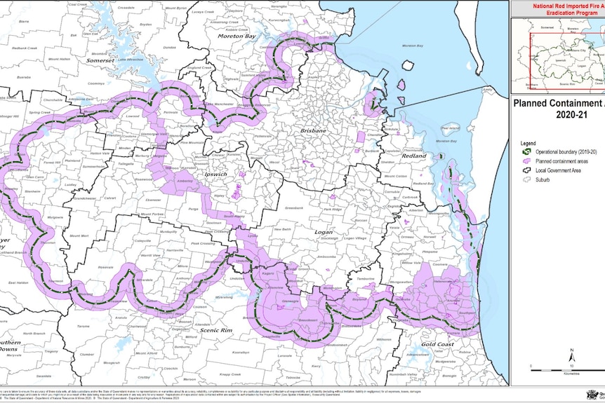 A map of south-east Queensland with purple boundaries drawn to the west.