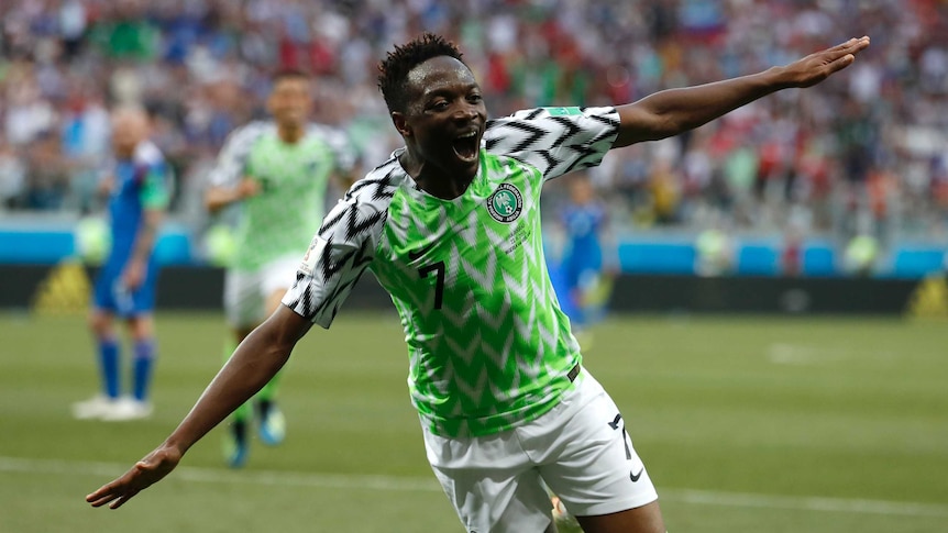 Ahmed Musa celebrates goal for Nigeria against Iceland