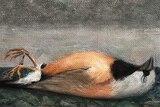 A painting of a dead black-throated finch lying on a book titled 'The End of Nature'.