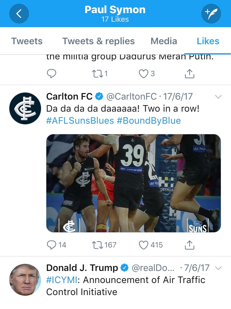 A list of tweets including one from Carlton Football Club with a photo of players celebrating a win and one from Donald Trump.