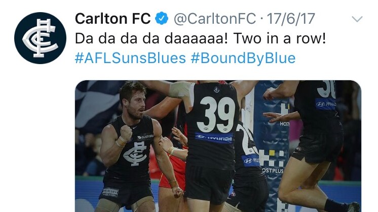 A list of tweets including one from Carlton Football Club with a photo of players celebrating a win and one from Donald Trump.
