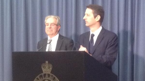 NSW Fair Trading Commissioner Rod Stowe (left) at the podium with NSW Fair Trading Minister Matthew Mason-Cox
