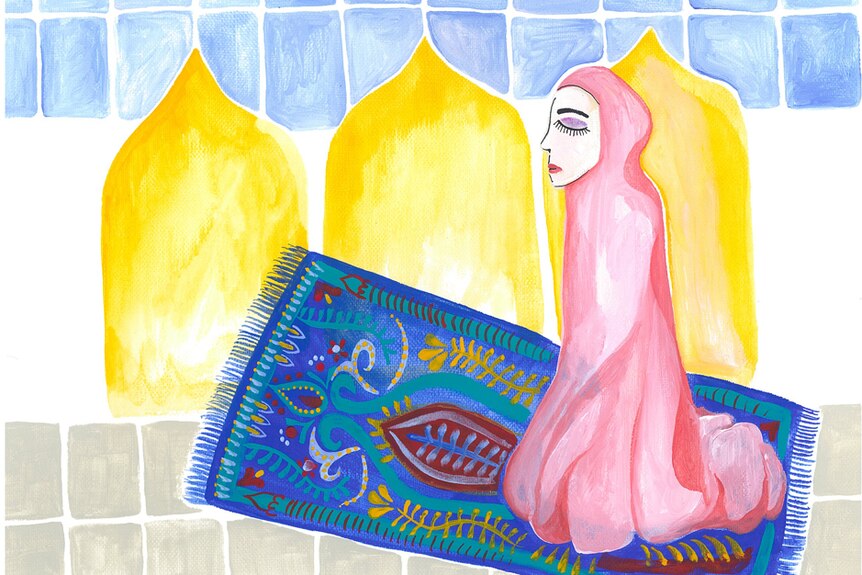 An illustration shows a woman wearing a hijab kneeling on a carpet, praying.