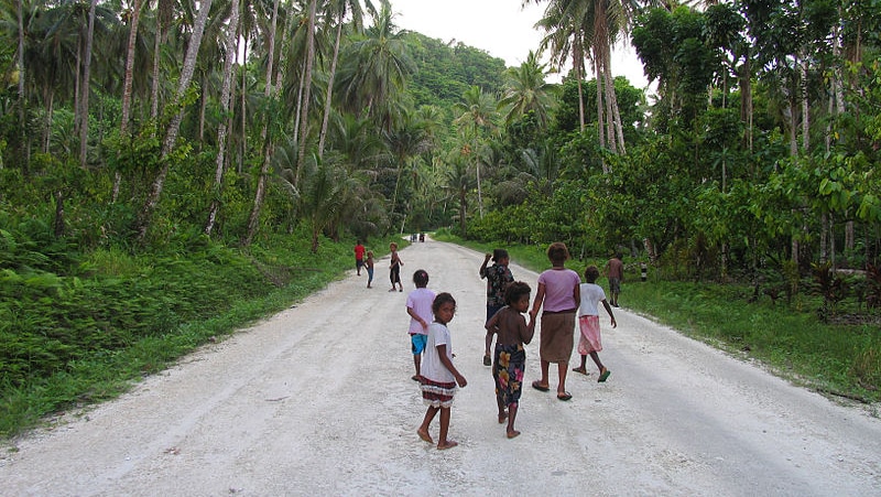 A group of villagers walking in the middle of the road to Radifasu in Malatia, surrounded by trees.