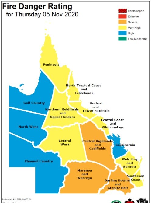 A map showing fire danger ratings across Queensland