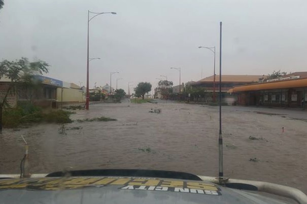 Flooded main street of Carnarvon after Cyclone Olwyn.
