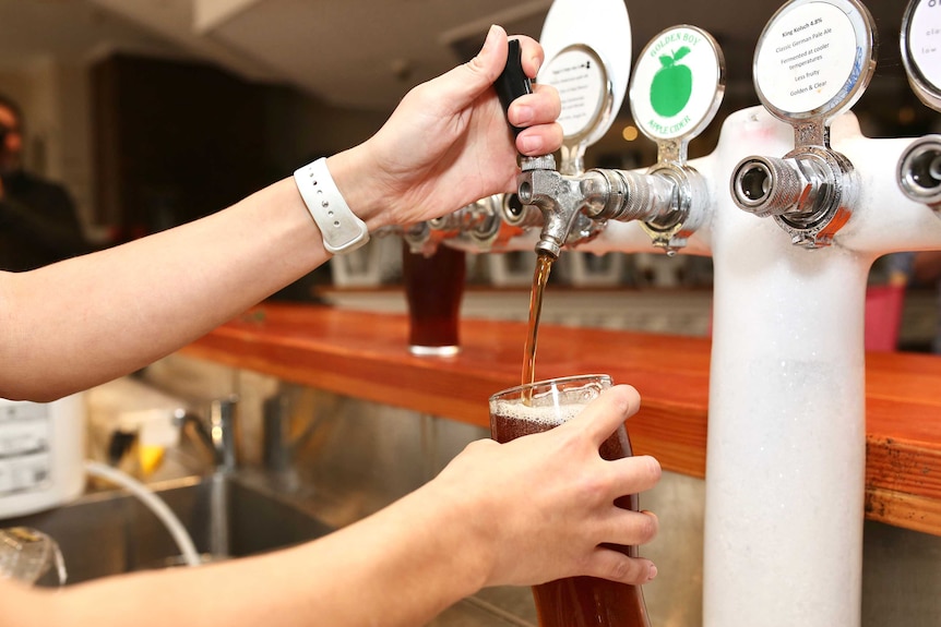 Close-up of a hand pouring a beer from a bar tap.