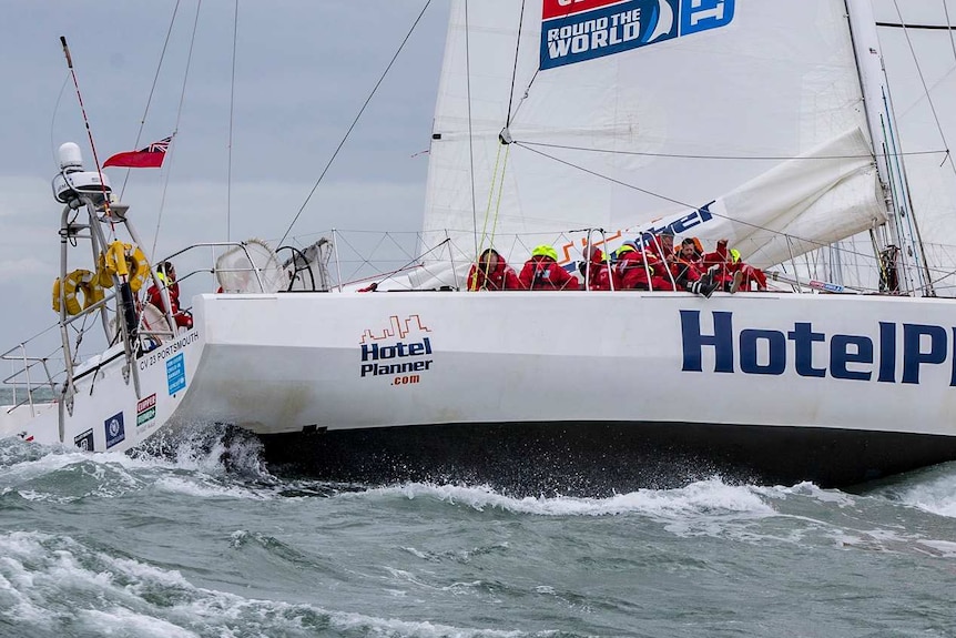 The yacht HotelPlanner.com under sail at sea nearing Seattle in April 2018.