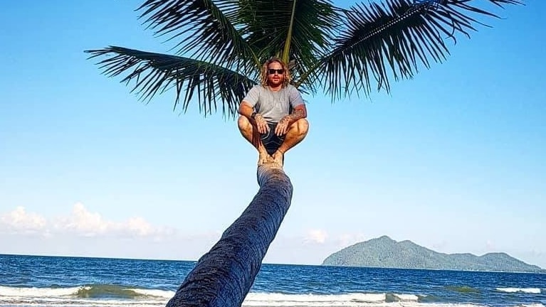 Mr Thomson sits mid-way up a palm tree on the beach with ocean in the background.